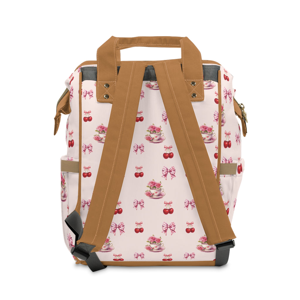 Pink Cherry Tea-Party Diaper Backpack — Multifunctional Baby Bag with Bow & Cake Print