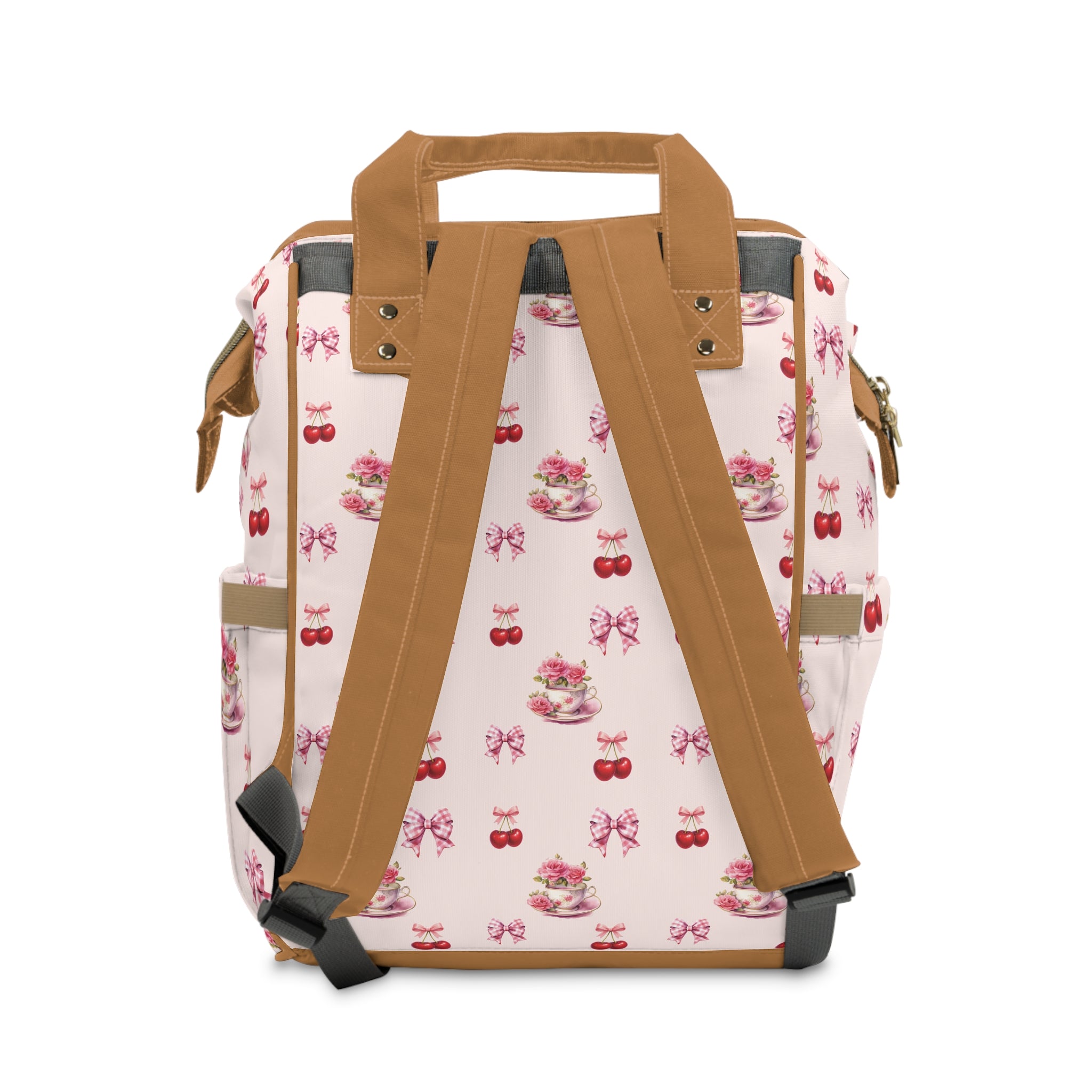 Pink Cherry Tea-Party Diaper Backpack — Multifunctional Baby Bag with Bow & Cake Print
