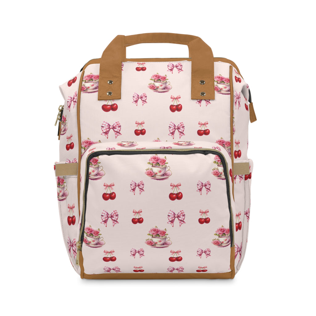 Pink Cherry Tea-Party Diaper Backpack — Multifunctional Baby Bag with Bow & Cake Print