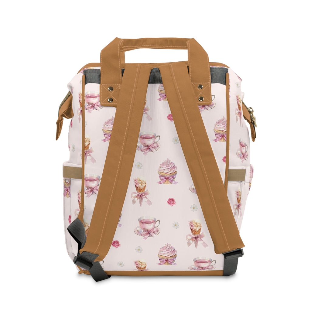 Pink Tea Cup & Cupcake Pattern Diaper Backpack | Floral Baby Shower