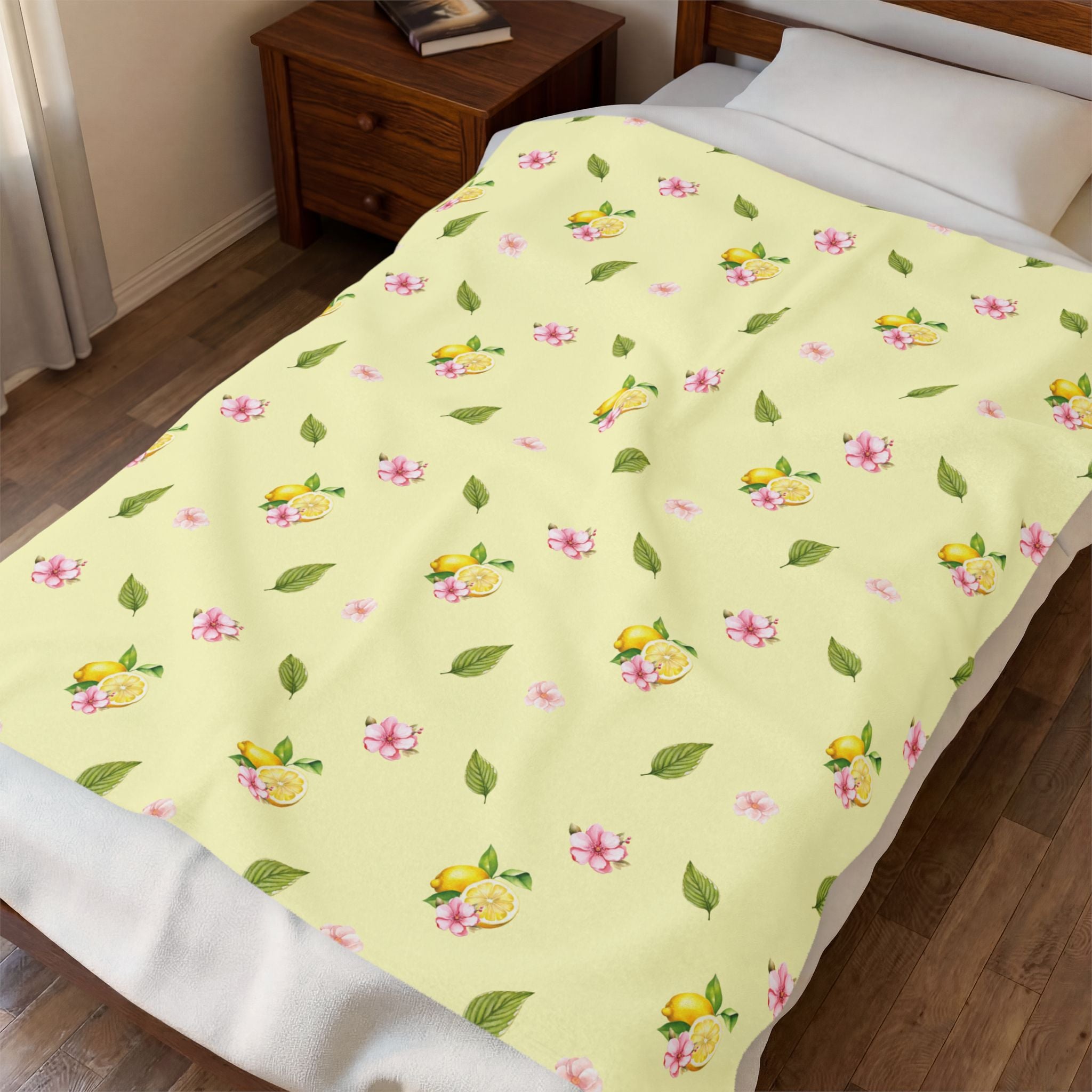 Velveteen Plush Blanket 50x 60’’ - Lemon Blossom Floral Throw