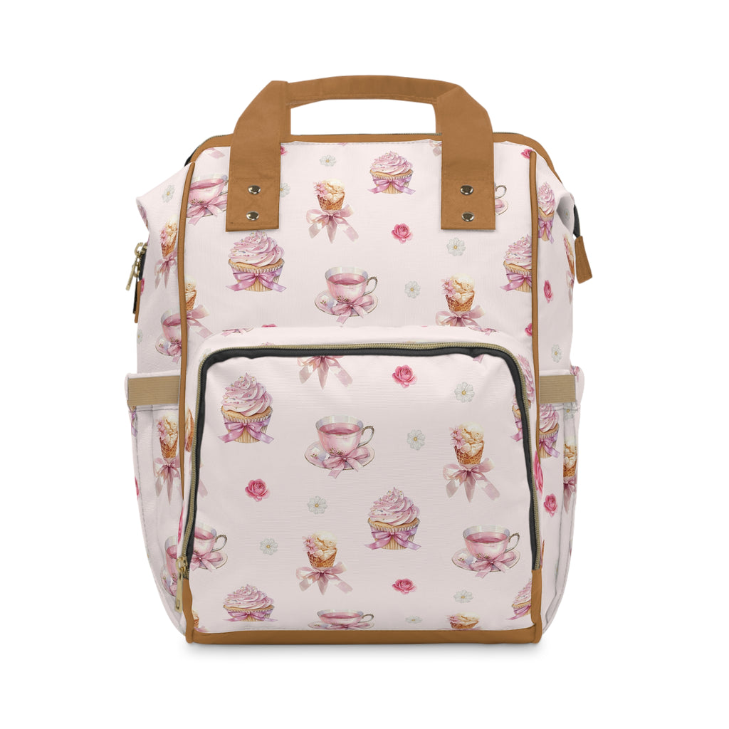 Pink Tea Cup & Cupcake Pattern Diaper Backpack | Floral Baby Shower