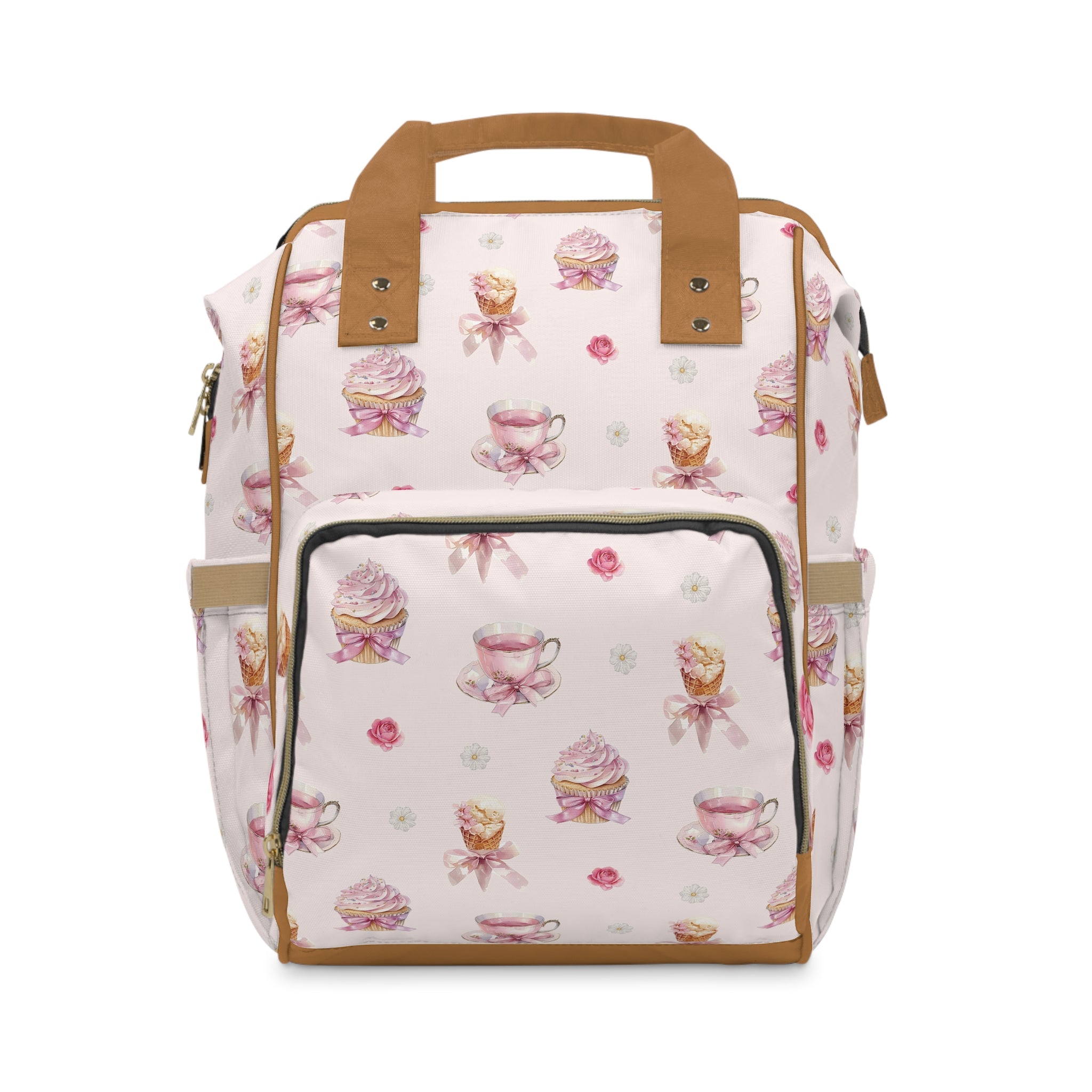 Pink Tea Cup & Cupcake Pattern Diaper Backpack | Floral Baby Shower