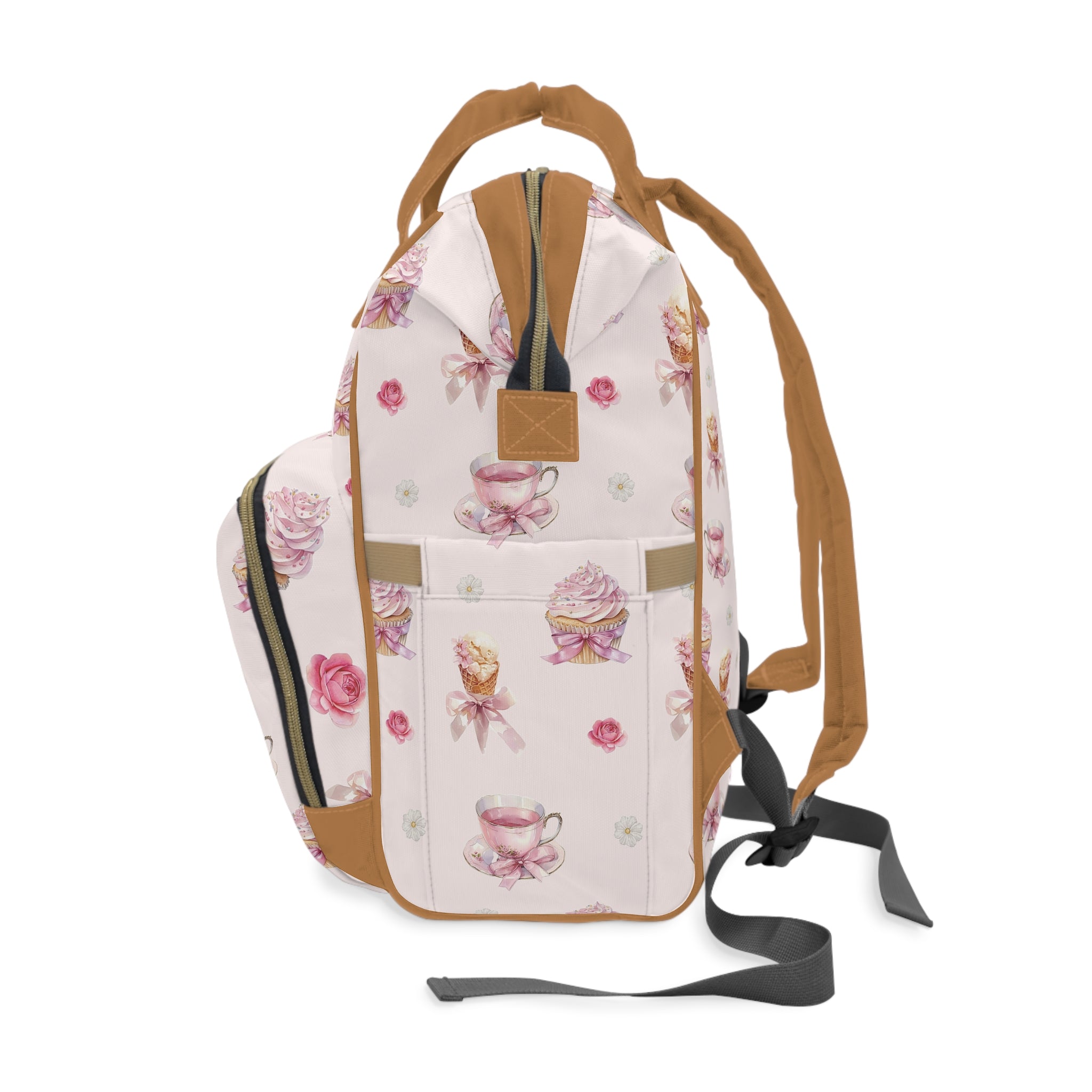 Pink Tea Cup & Cupcake Pattern Diaper Backpack | Floral Baby Shower