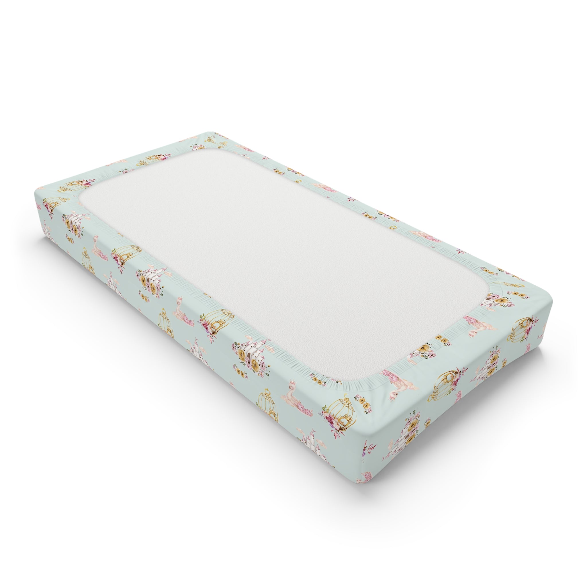 Floral Swan Baby Changing Pad Cover — Soft Pastel Nursery Fitted Sheet