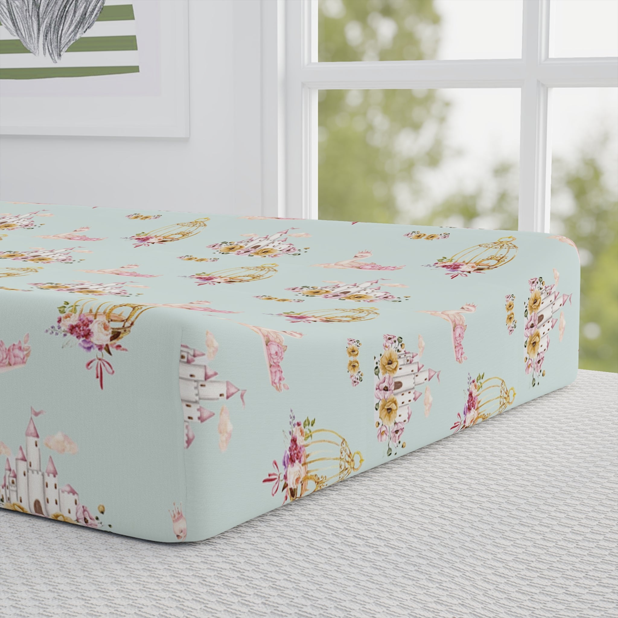 Floral Swan Baby Changing Pad Cover — Soft Pastel Nursery Fitted Sheet