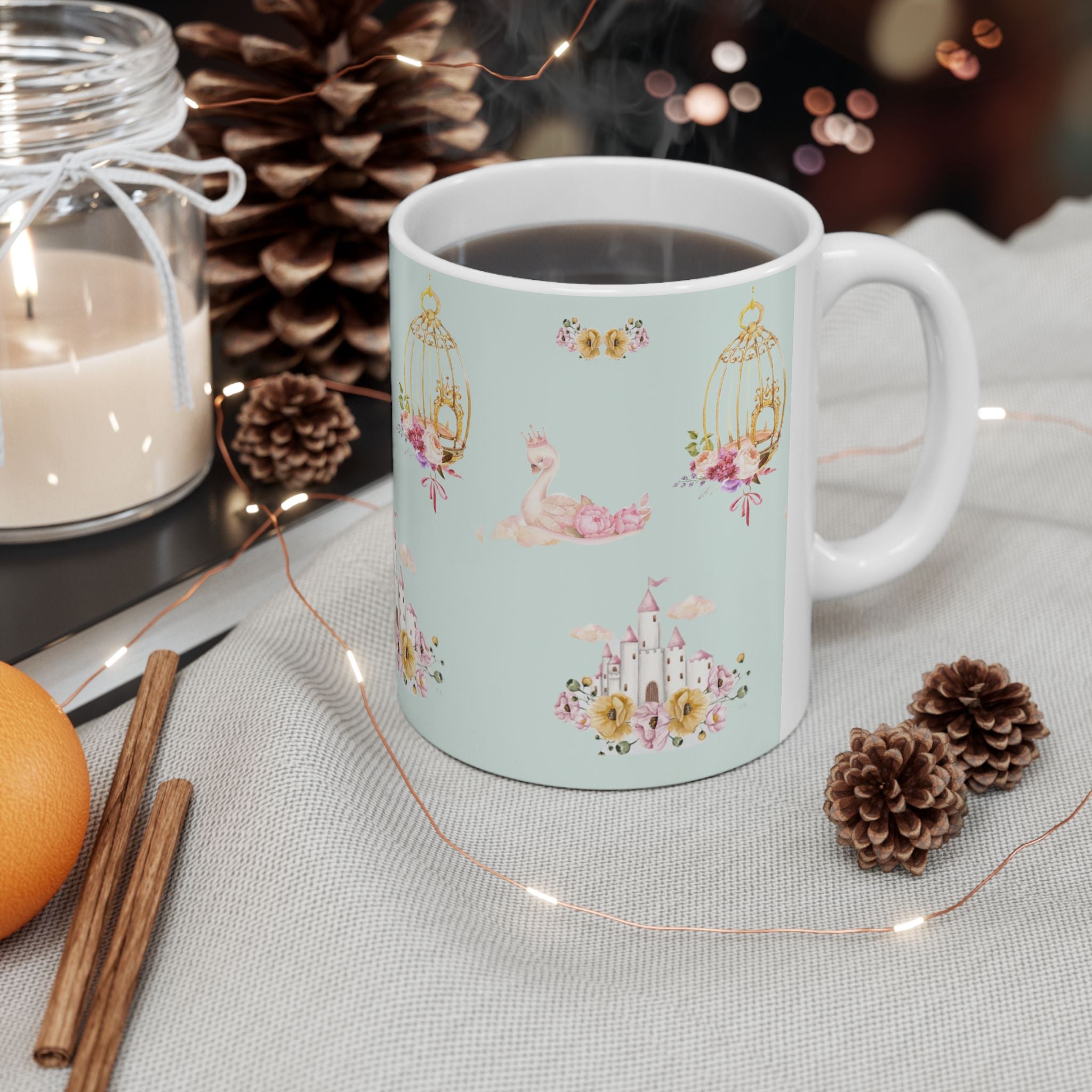 Vintage Birdcage Floral Pattern Mug | Pastel Nursery Ceramic Mug