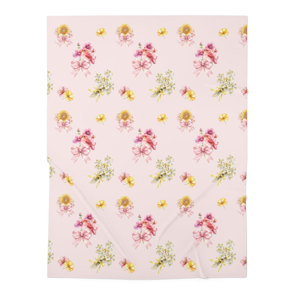Bird and Floral Pink Baby Swaddle Blanket - Soft Bow & Wildflower Nursery Wrap