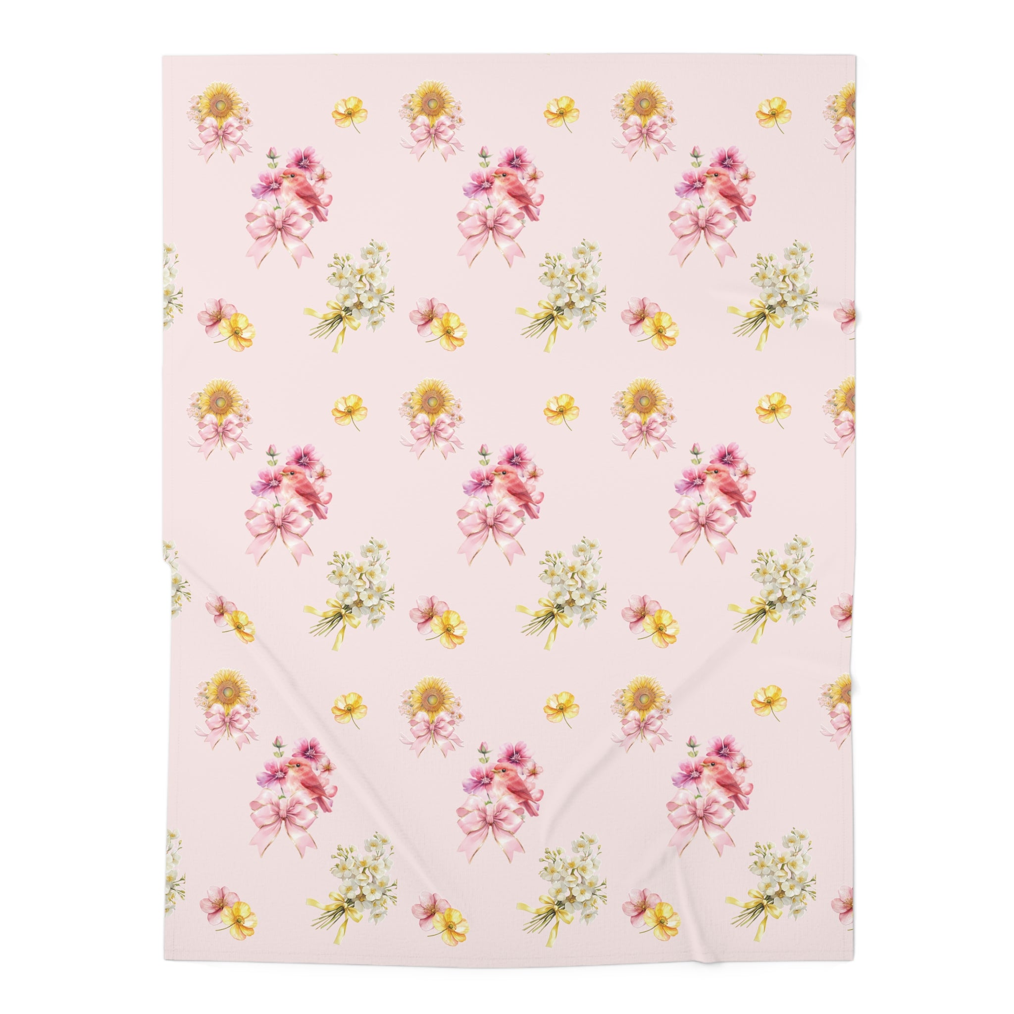 Bird and Floral Pink Baby Swaddle Blanket - Soft Bow & Wildflower Nursery Wrap