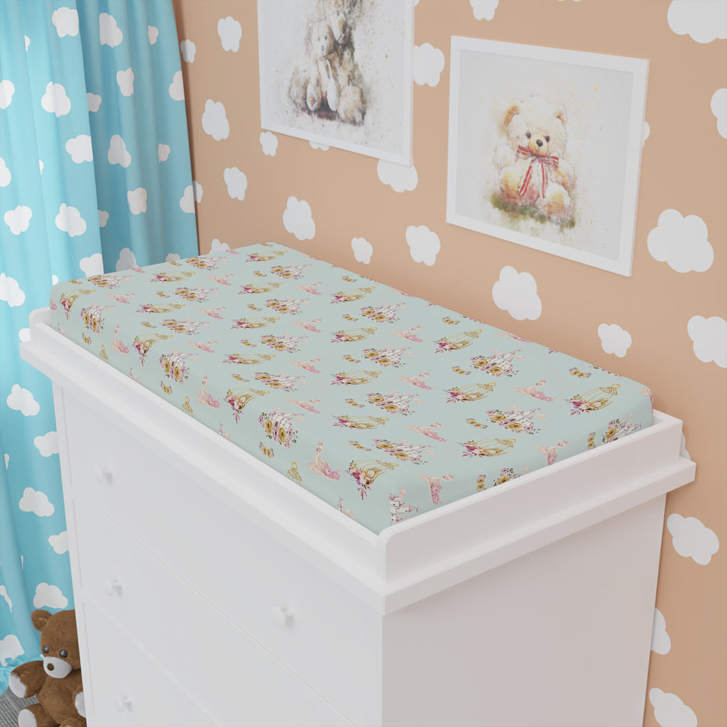Floral Swan Baby Changing Pad Cover — Soft Pastel Nursery Fitted Sheet