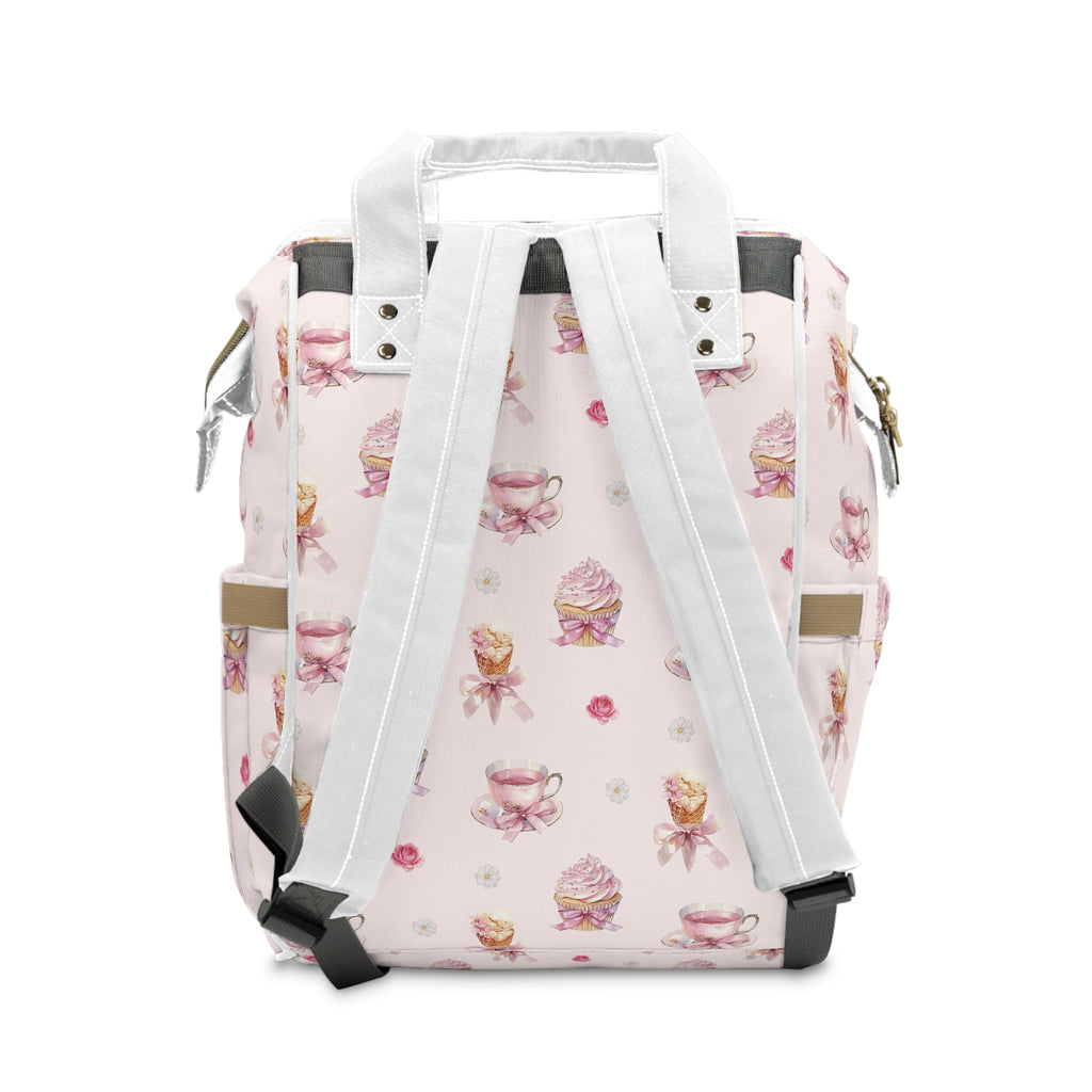 Pink Tea Cup & Cupcake Pattern Diaper Backpack | Floral Baby Shower