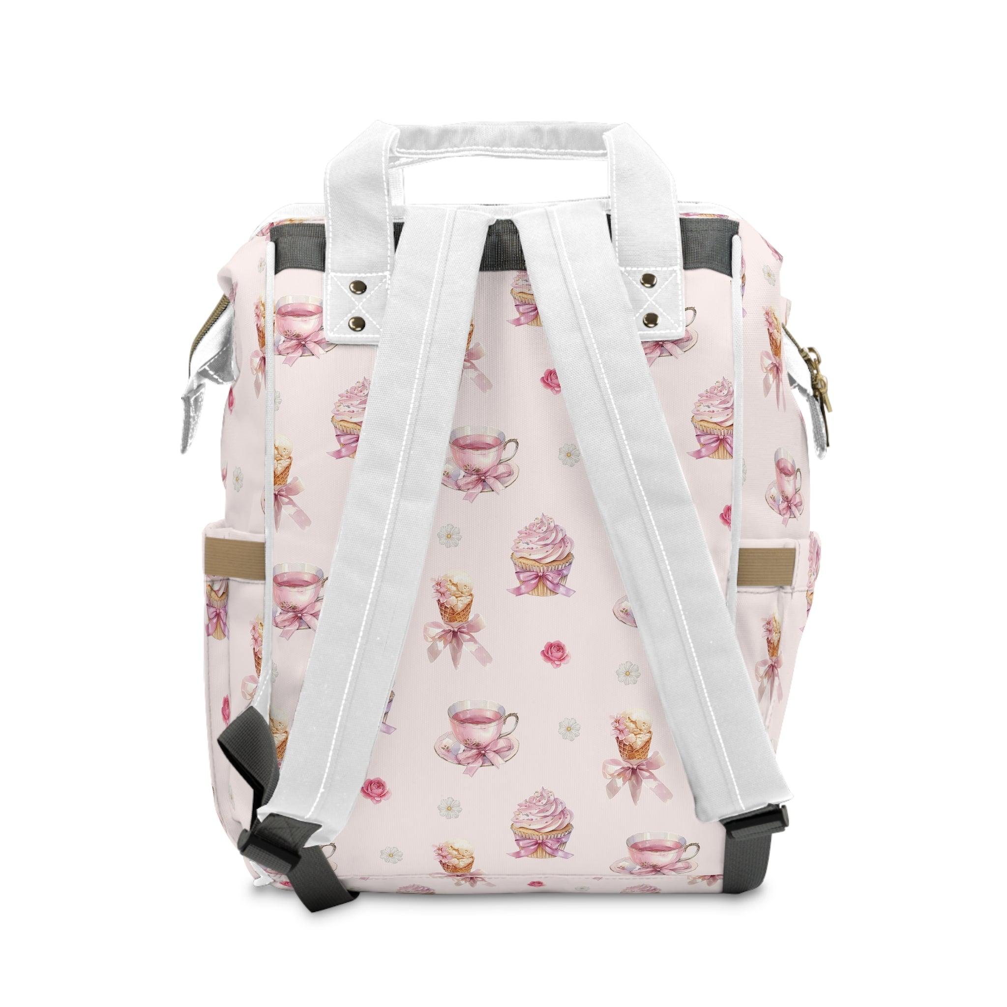 Pink Tea Cup & Cupcake Pattern Diaper Backpack | Floral Baby Shower