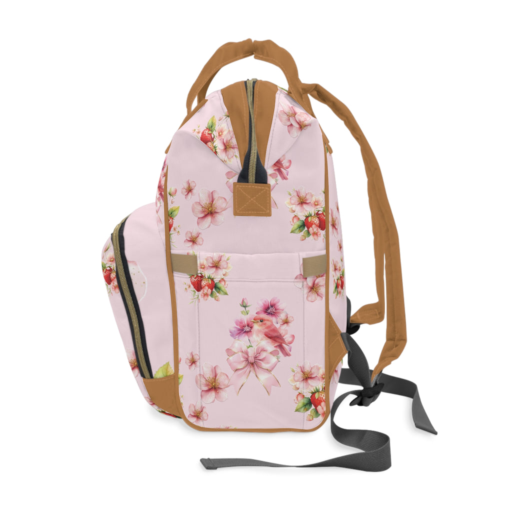 Floral Strawberry Bird Diaper Backpack - Multifunctional Baby Changing Bag