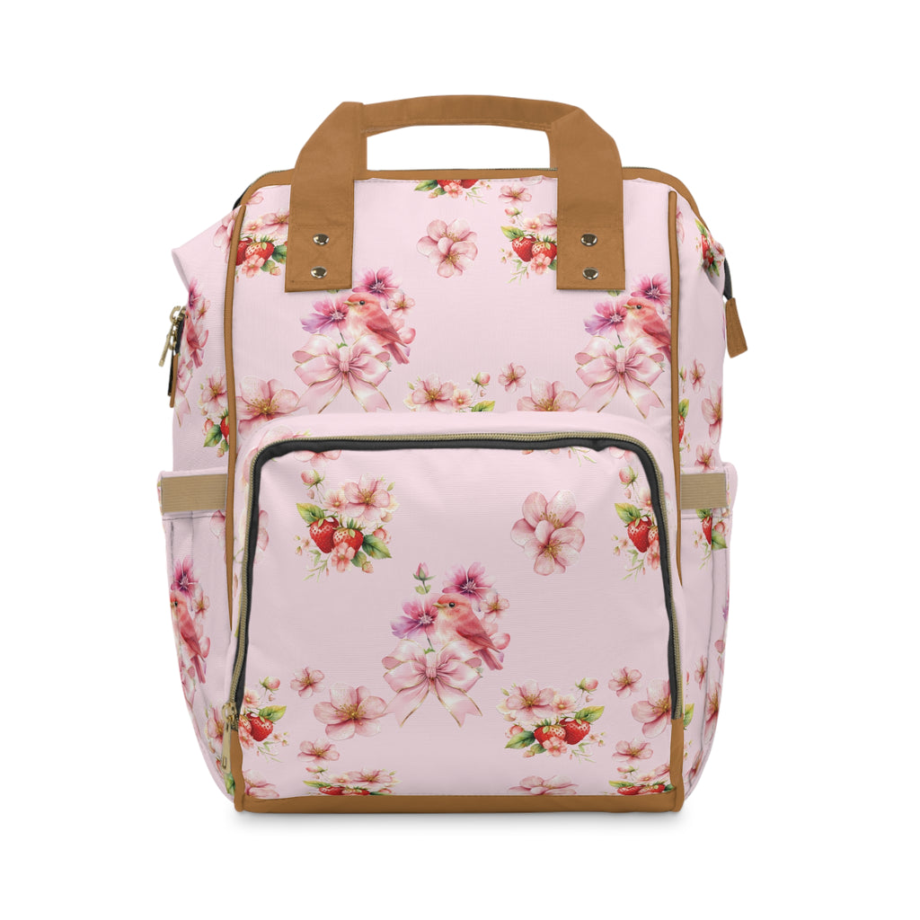 Floral Strawberry Bird Diaper Backpack - Multifunctional Baby Changing Bag