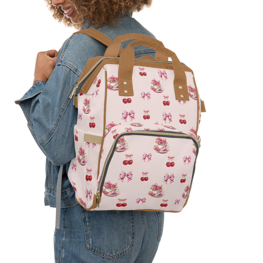 Pink Cherry Tea-Party Diaper Backpack — Multifunctional Baby Bag with Bow & Cake Print