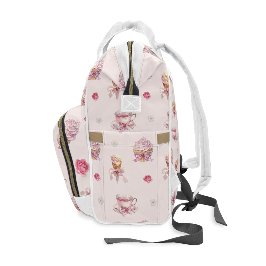 Pink Tea Cup & Cupcake Pattern Diaper Backpack | Floral Baby Shower