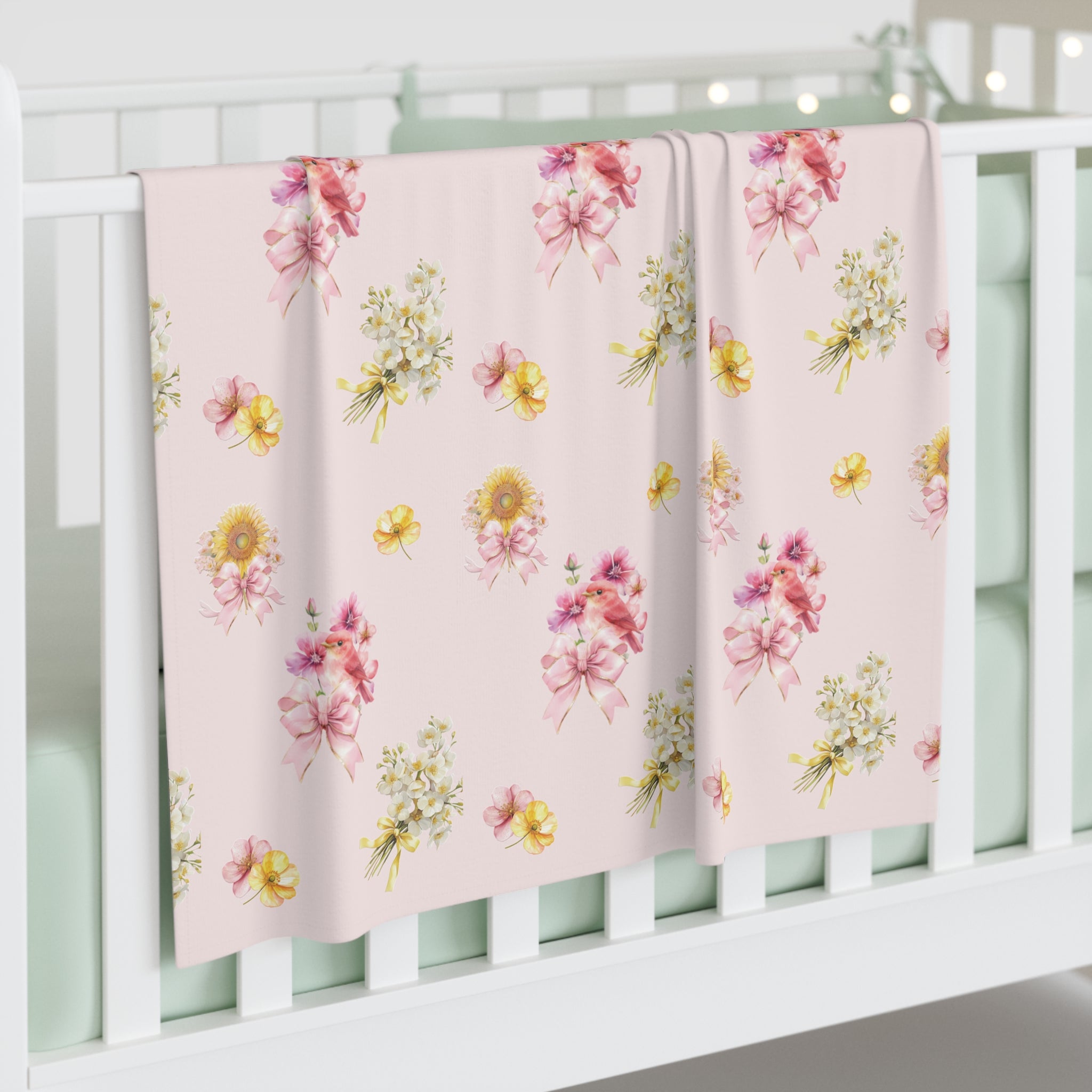 Bird and Floral Pink Baby Swaddle Blanket - Soft Bow & Wildflower Nursery Wrap