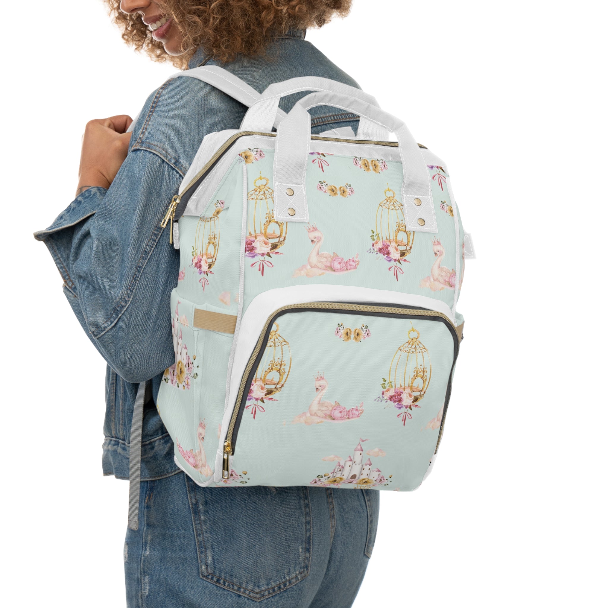 Baby Swan Castle Pattern Diaper Backpack | Waterproof Nursery Bag