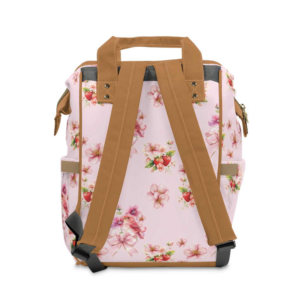 Floral Strawberry Bird Diaper Backpack - Multifunctional Baby Changing Bag