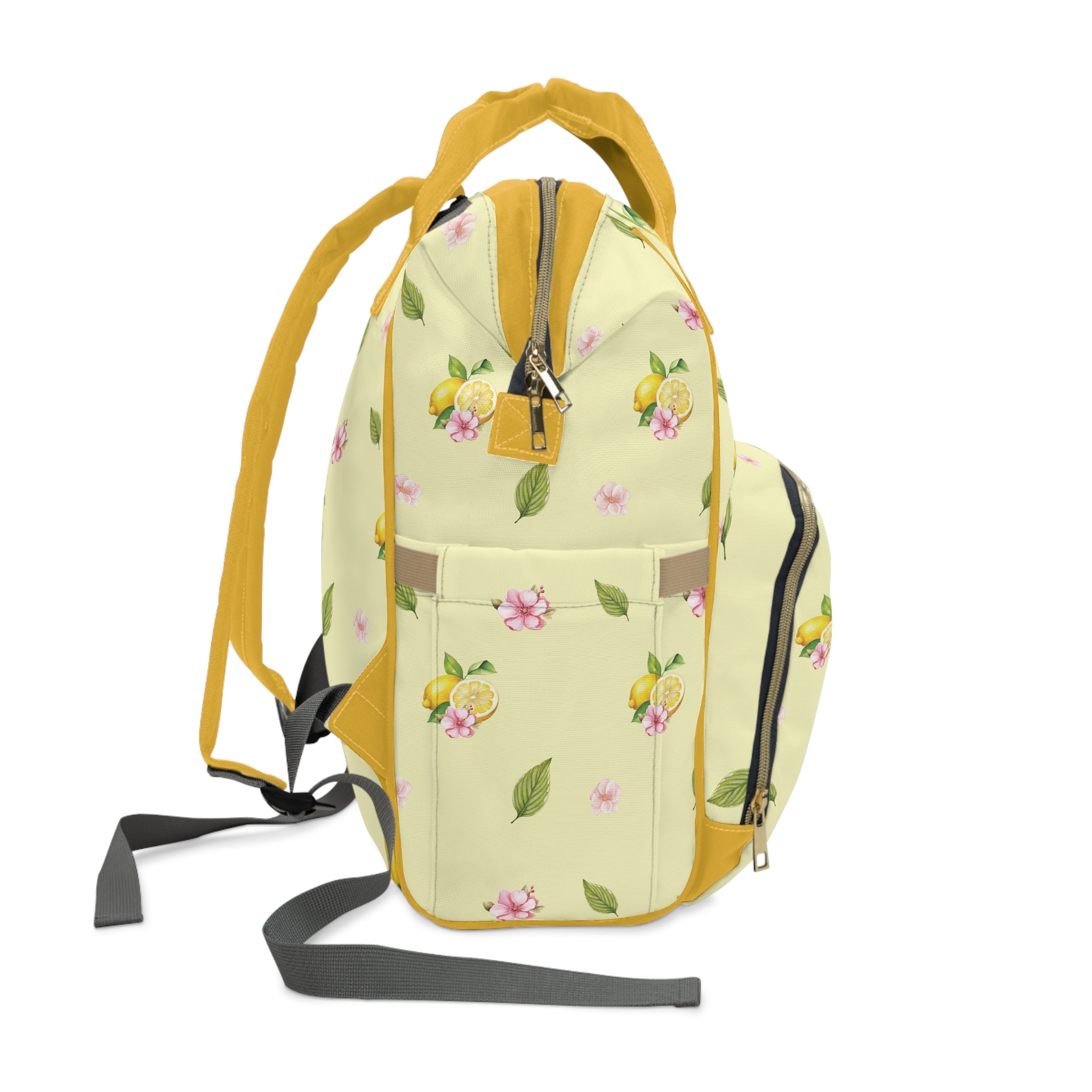 Floral Lemon Diaper Backpack — Multifunctional Baby Bag with Pockets