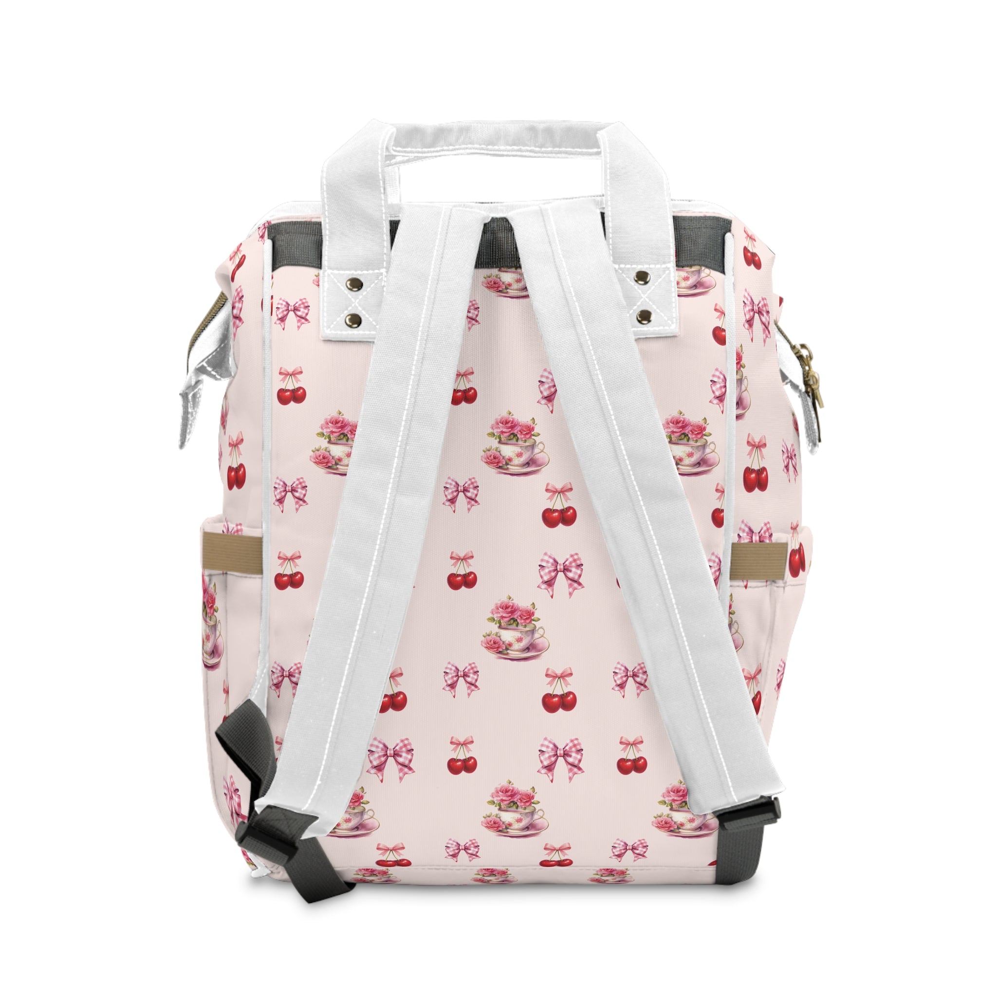 Pink Cherry Tea-Party Diaper Backpack — Multifunctional Baby Bag with Bow & Cake Print