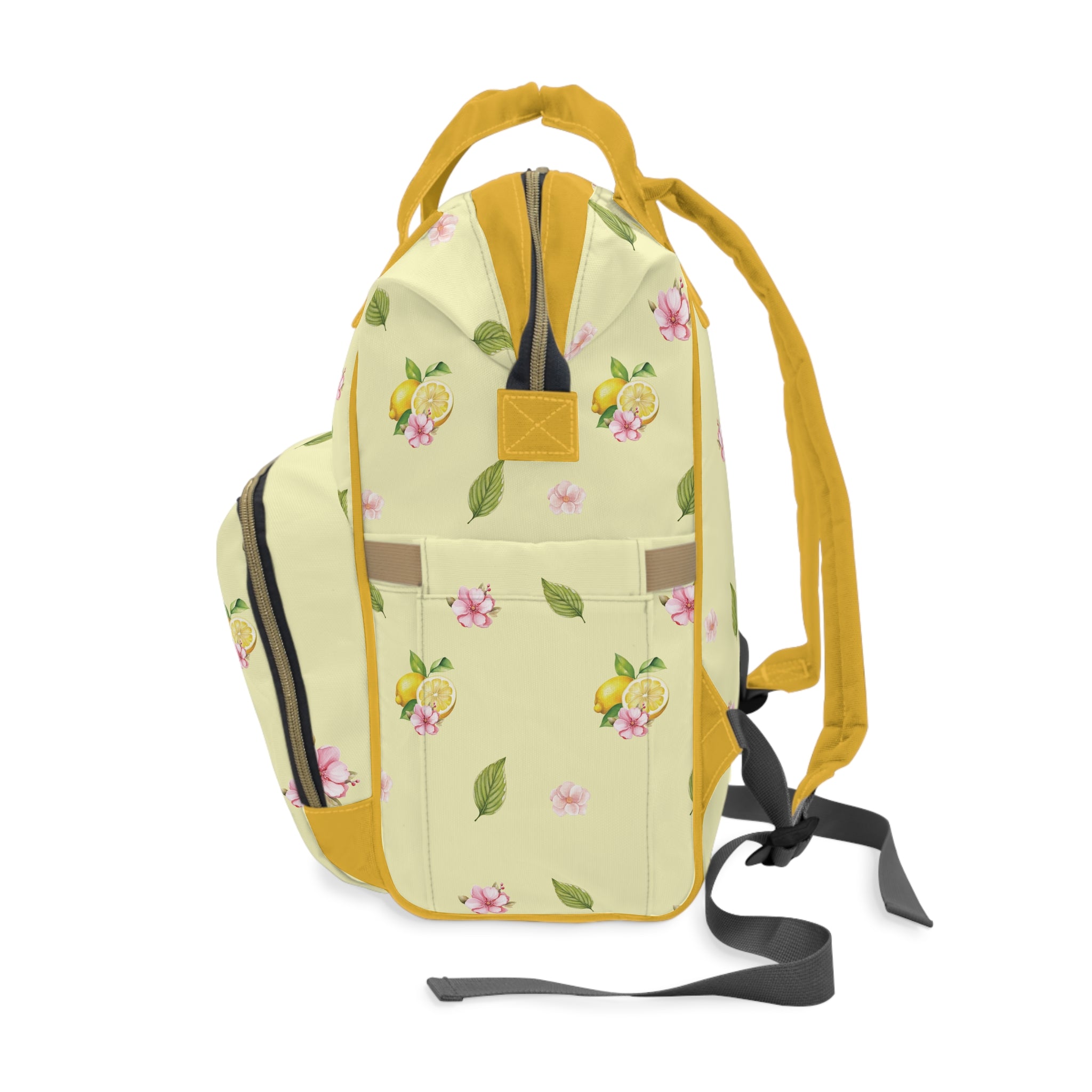 Floral Lemon Diaper Backpack — Multifunctional Baby Bag with Pockets