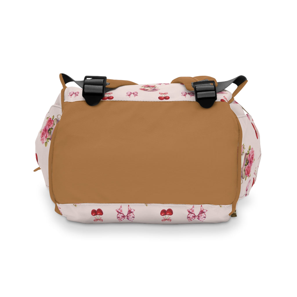 Pink Cherry Tea-Party Diaper Backpack — Multifunctional Baby Bag with Bow & Cake Print