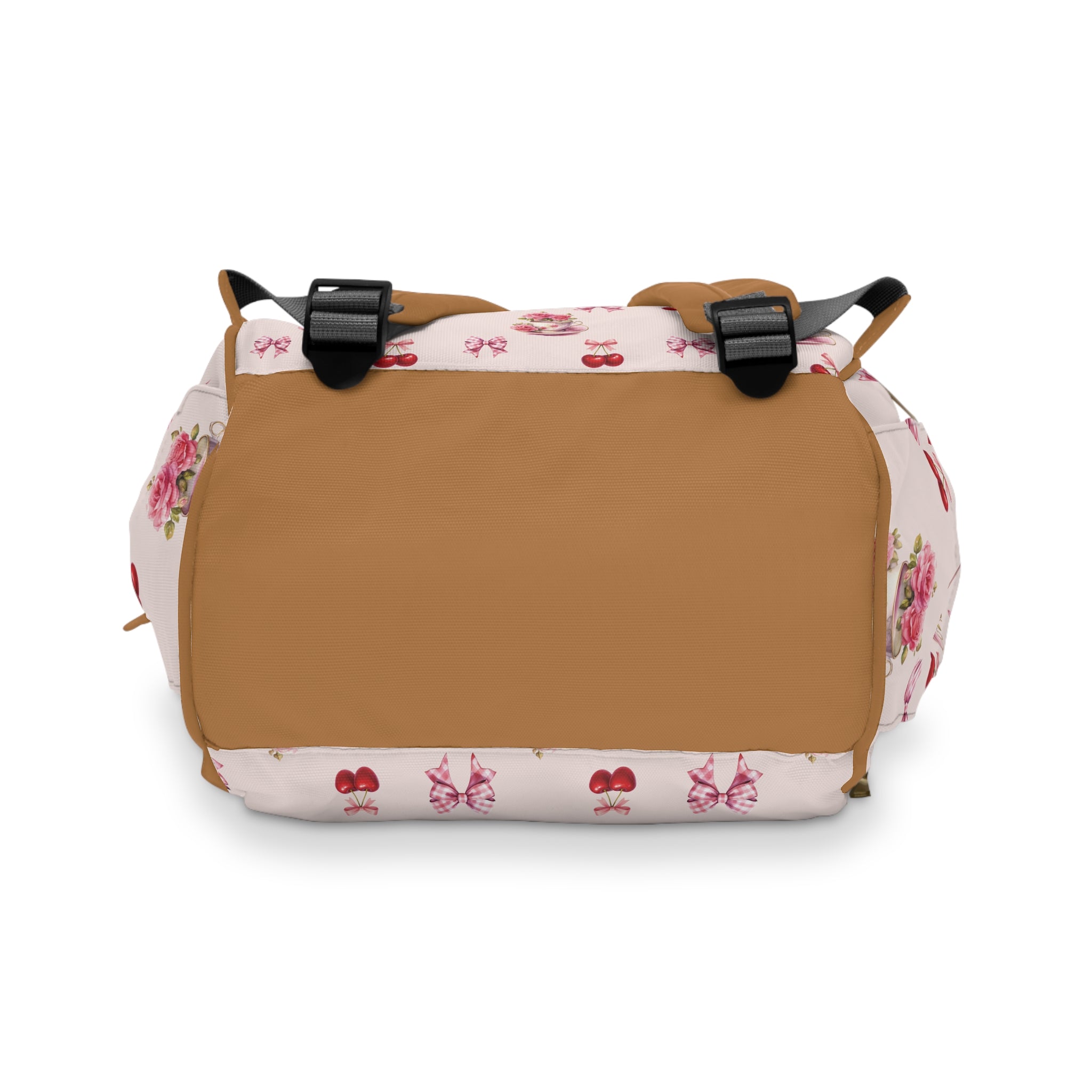 Pink Cherry Tea-Party Diaper Backpack — Multifunctional Baby Bag with Bow & Cake Print