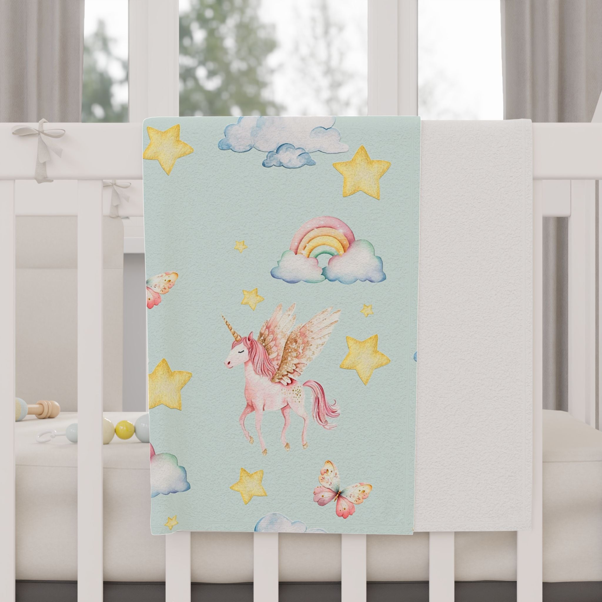 Pastel Pegasus and Rainbows Toddler Blanket | Stars Clouds Nursery