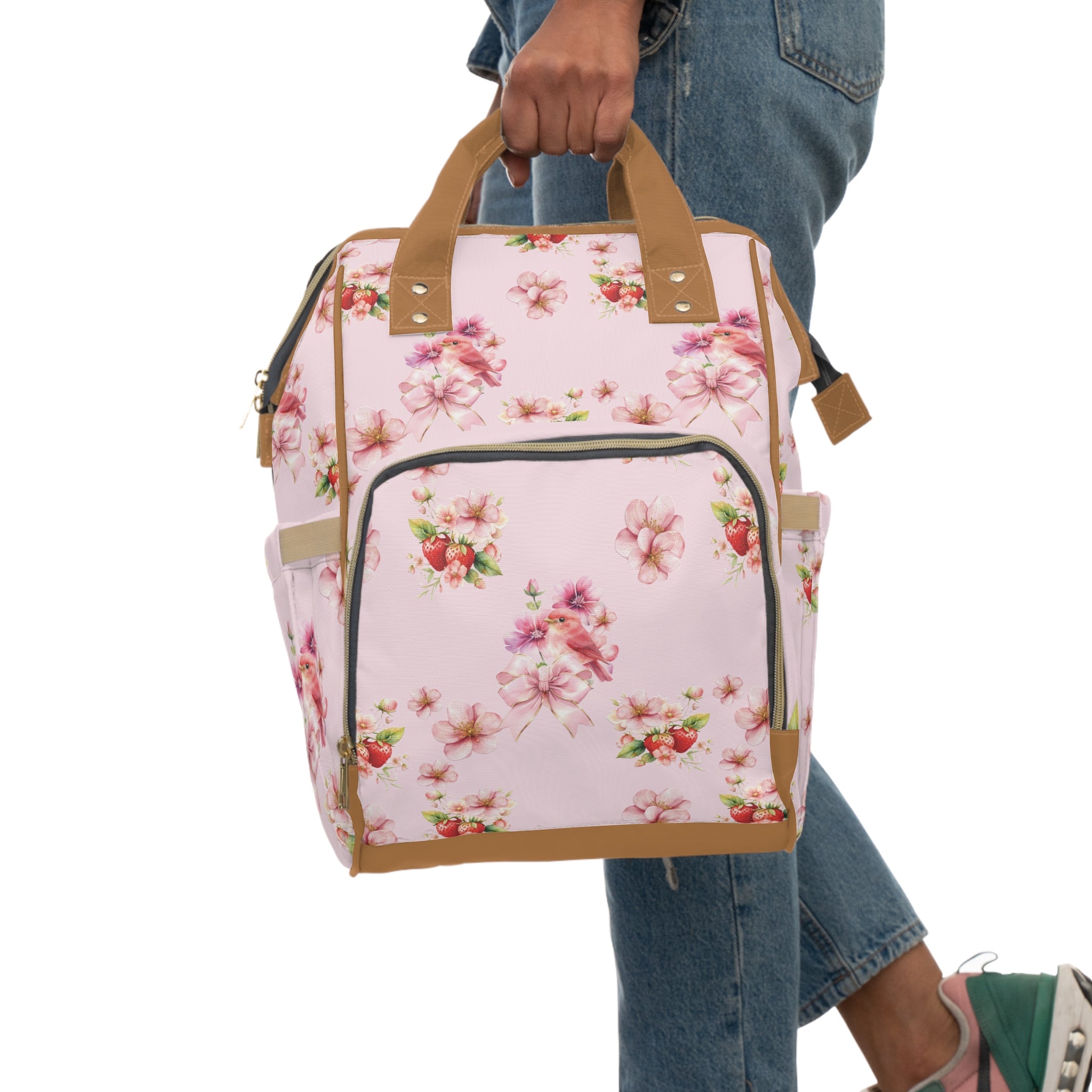 Floral Strawberry Bird Diaper Backpack - Multifunctional Baby Changing Bag