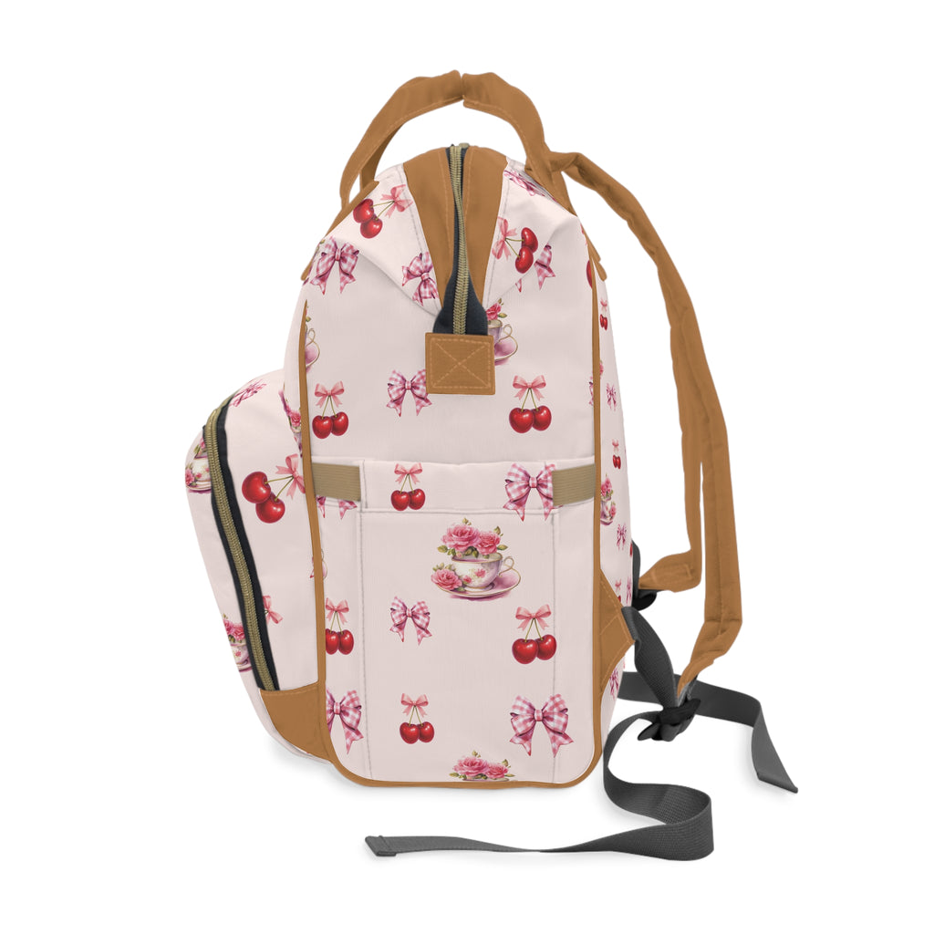 Pink Cherry Tea-Party Diaper Backpack — Multifunctional Baby Bag with Bow & Cake Print