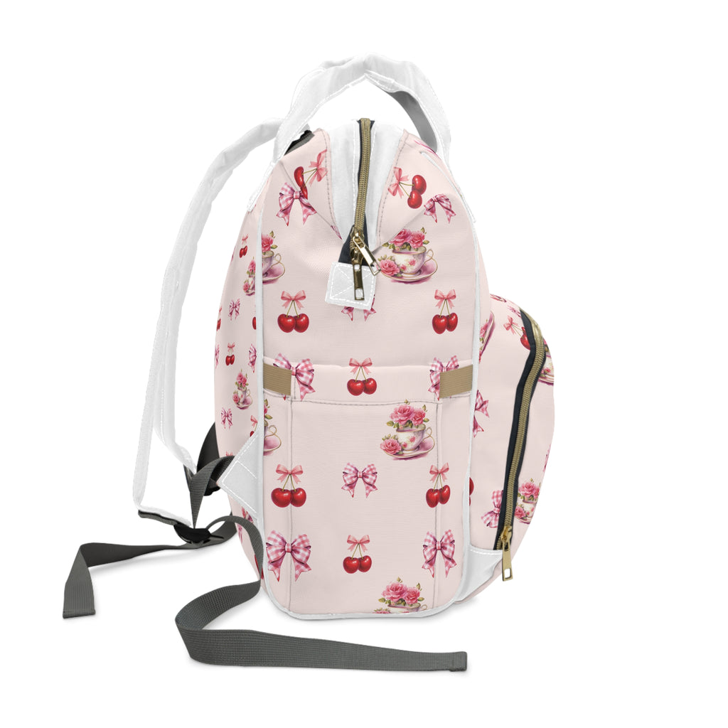 Pink Cherry Tea-Party Diaper Backpack — Multifunctional Baby Bag with Bow & Cake Print