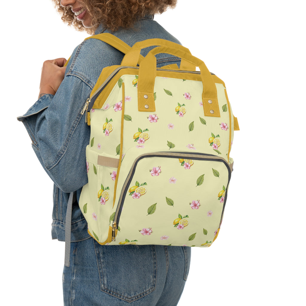 Floral Lemon Diaper Backpack — Multifunctional Baby Bag with Pockets