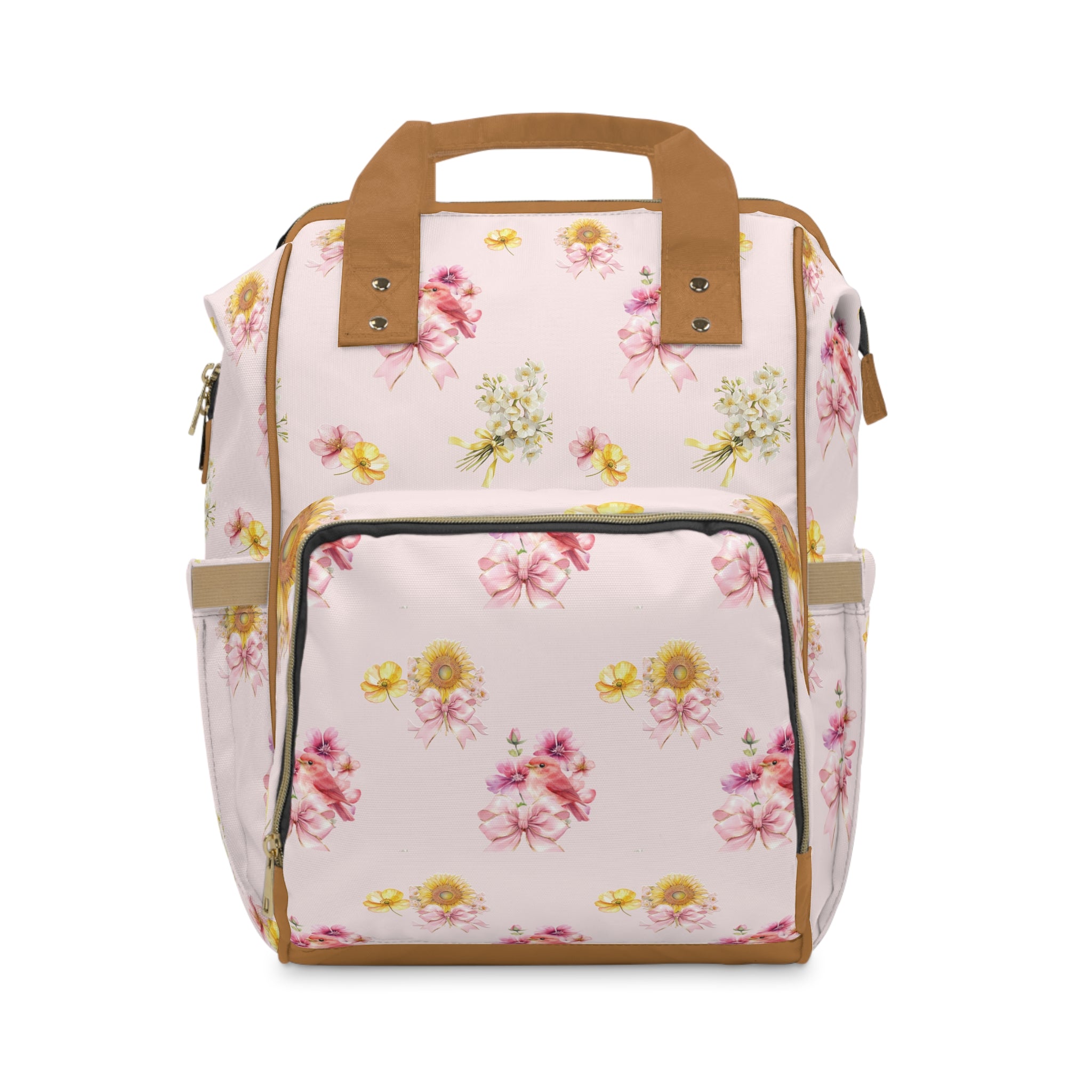 Pink Bird & Yellow Floral Baby Diaper Backpack — Multifunctional Baby Bag