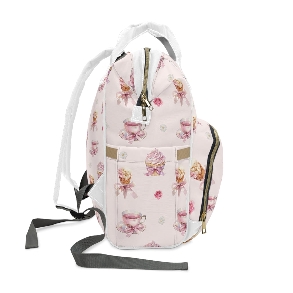 Pink Tea Cup & Cupcake Pattern Diaper Backpack | Floral Baby Shower