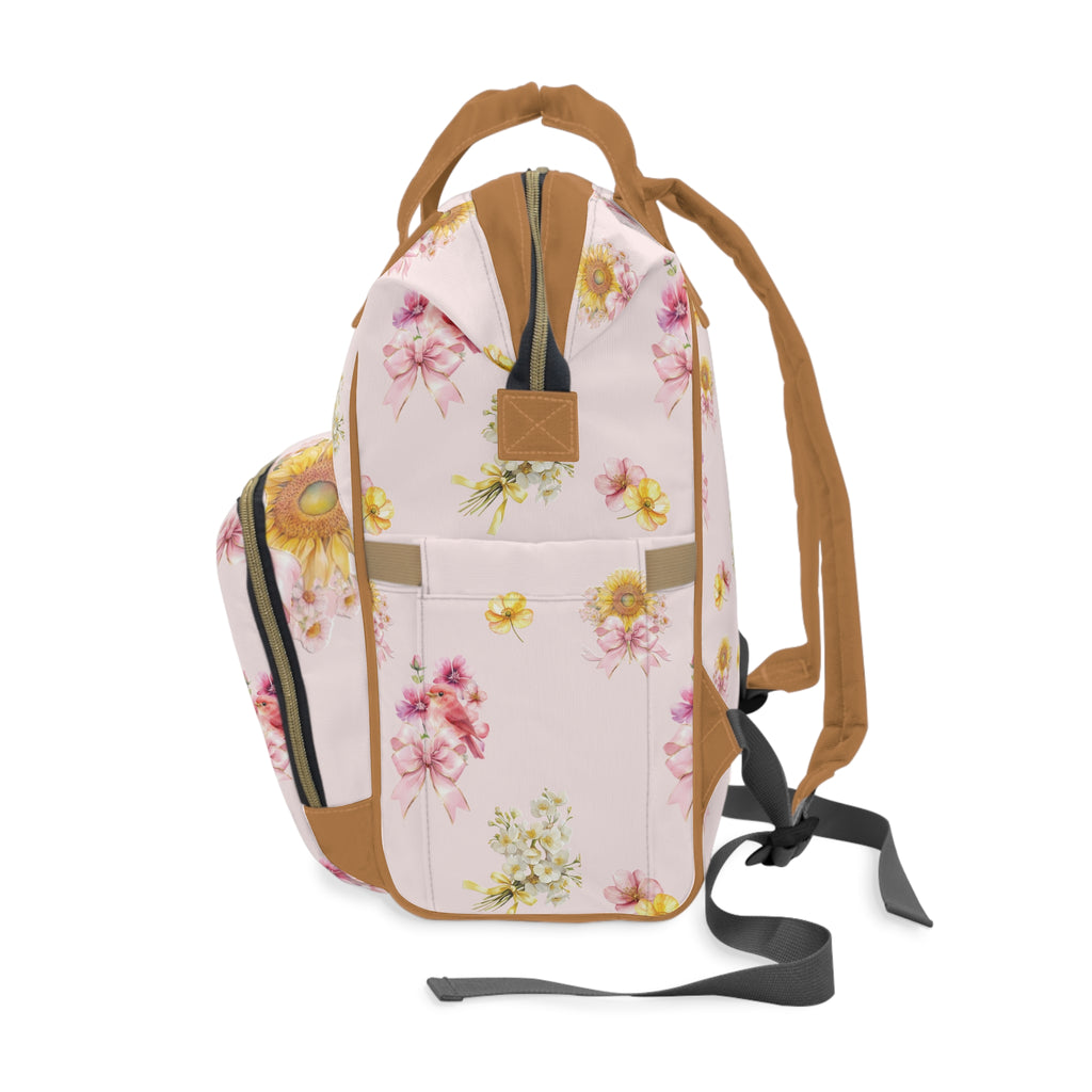 Pink Bird & Yellow Floral Baby Diaper Backpack — Multifunctional Baby Bag
