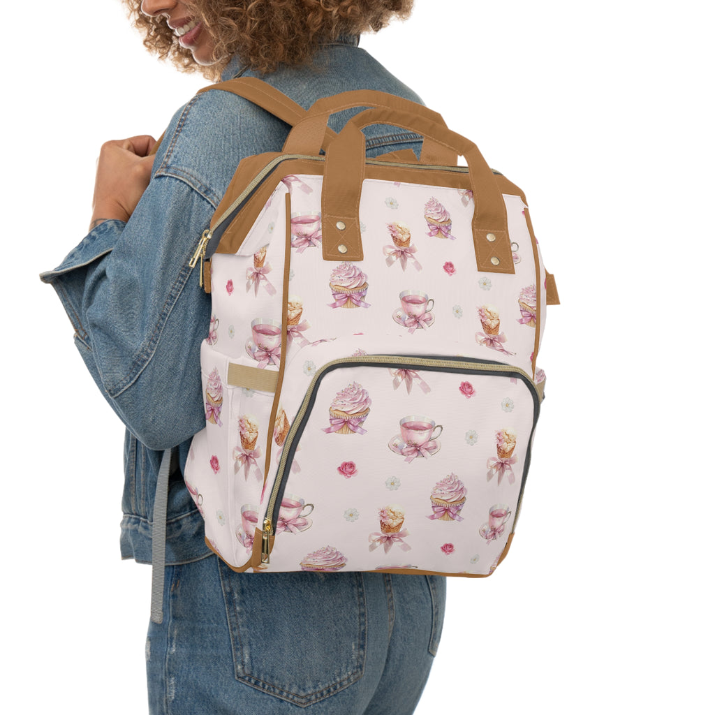 Pink Tea Cup & Cupcake Pattern Diaper Backpack | Floral Baby Shower