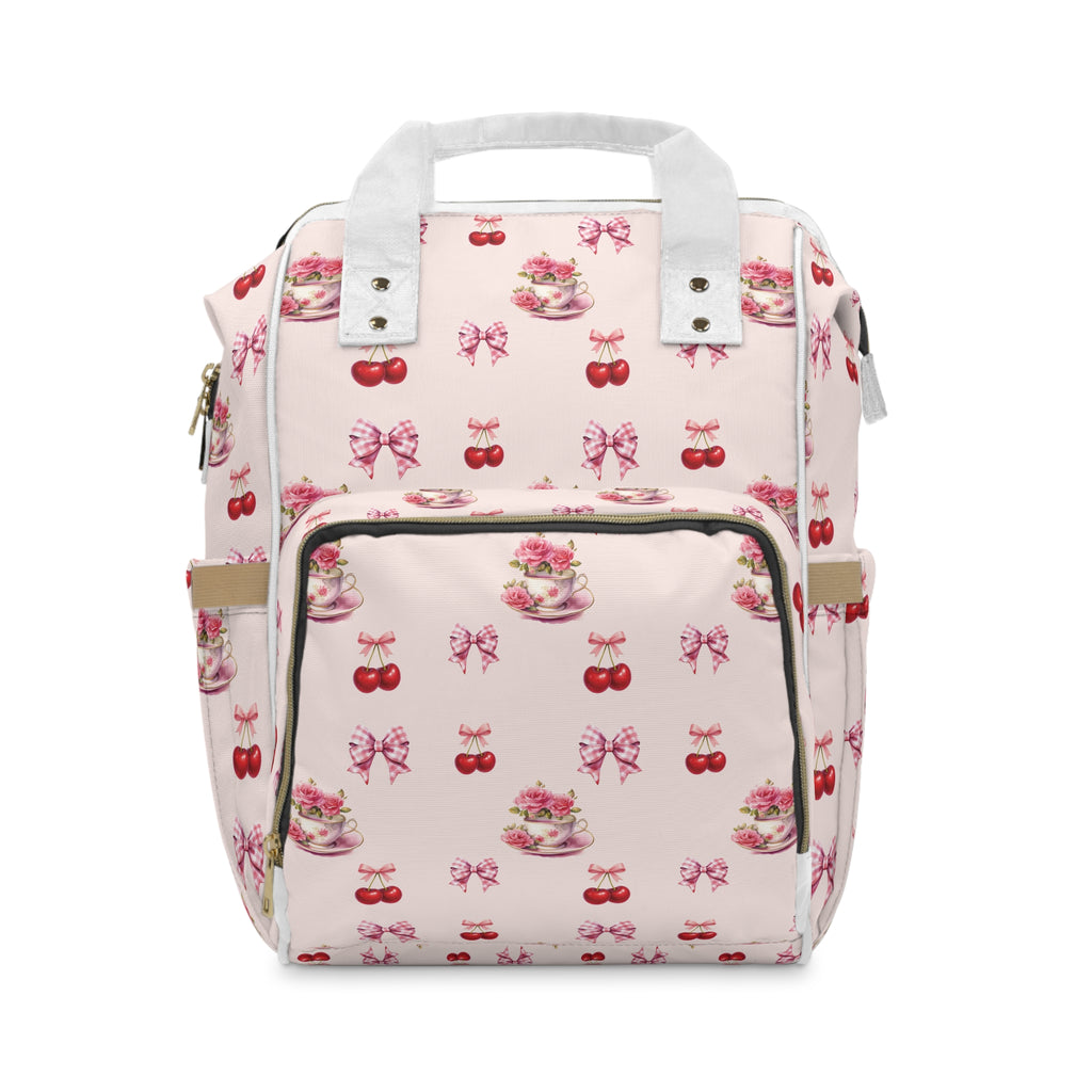 Pink Cherry Tea-Party Diaper Backpack — Multifunctional Baby Bag with Bow & Cake Print