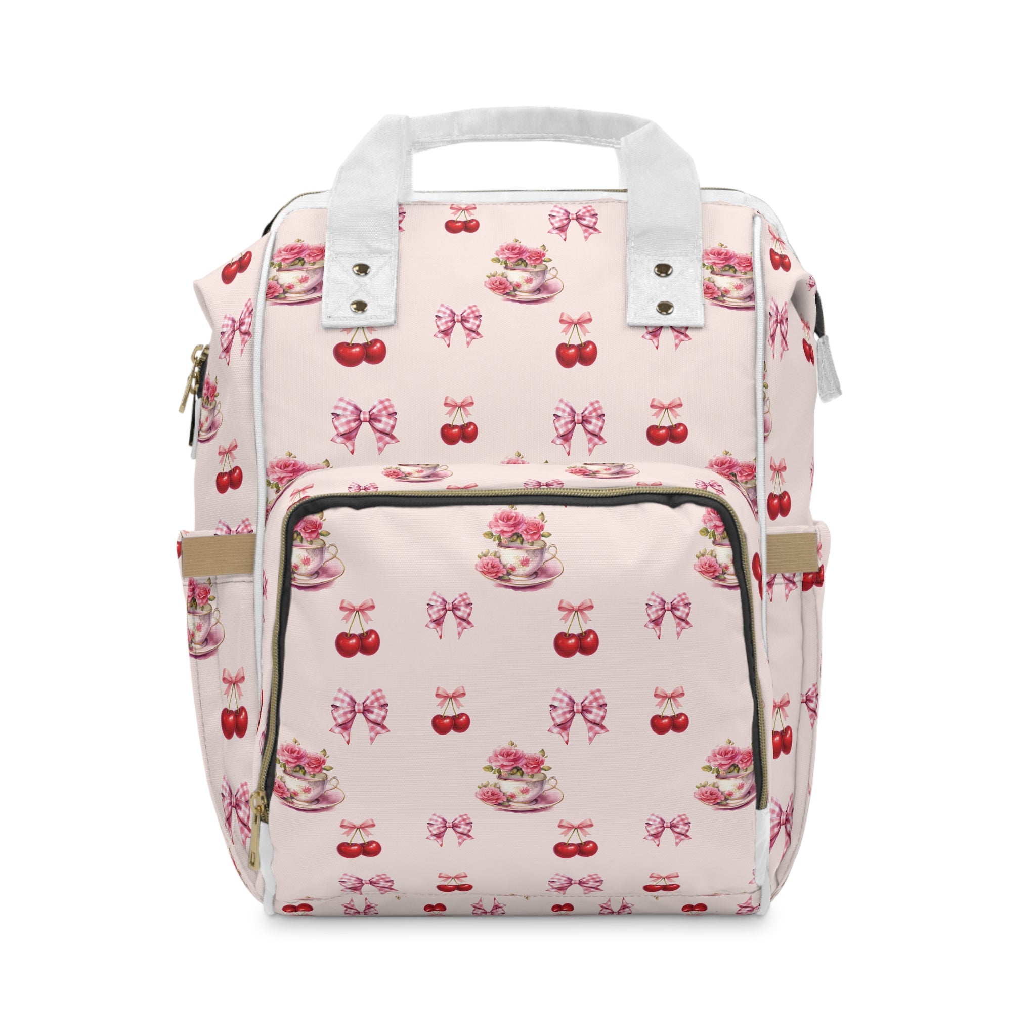 Pink Cherry Tea-Party Diaper Backpack — Multifunctional Baby Bag with Bow & Cake Print