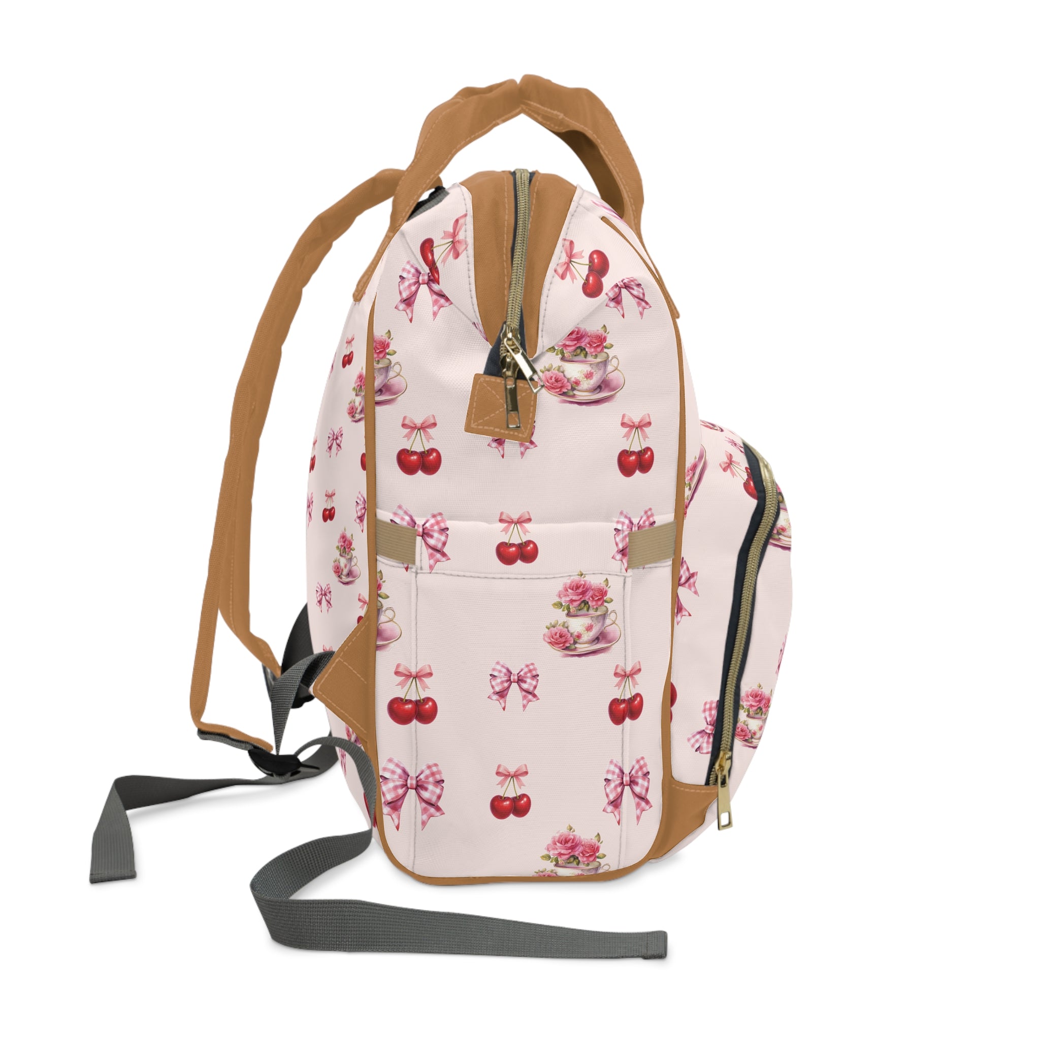 Pink Cherry Tea-Party Diaper Backpack — Multifunctional Baby Bag with Bow & Cake Print