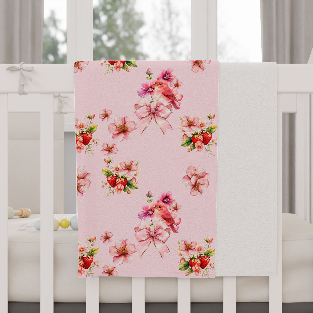 Pink Floral Bird Pattern Toddler Blanket | Cherry Blossom Rose Print