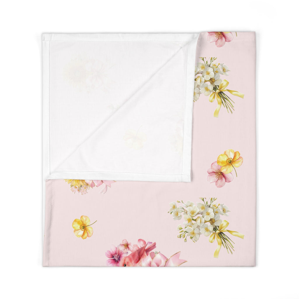 Bird and Floral Pink Baby Swaddle Blanket - Soft Bow & Wildflower Nursery Wrap