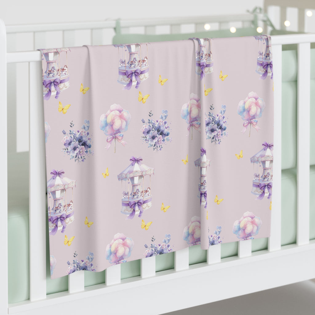 Pastel Lilac Carousel Baby Swaddle Blanket — Lavender Carousel & Cotton Candy Nursery Throw