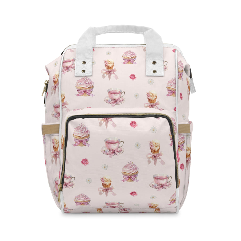 Pink Tea Cup & Cupcake Pattern Diaper Backpack | Floral Baby Shower
