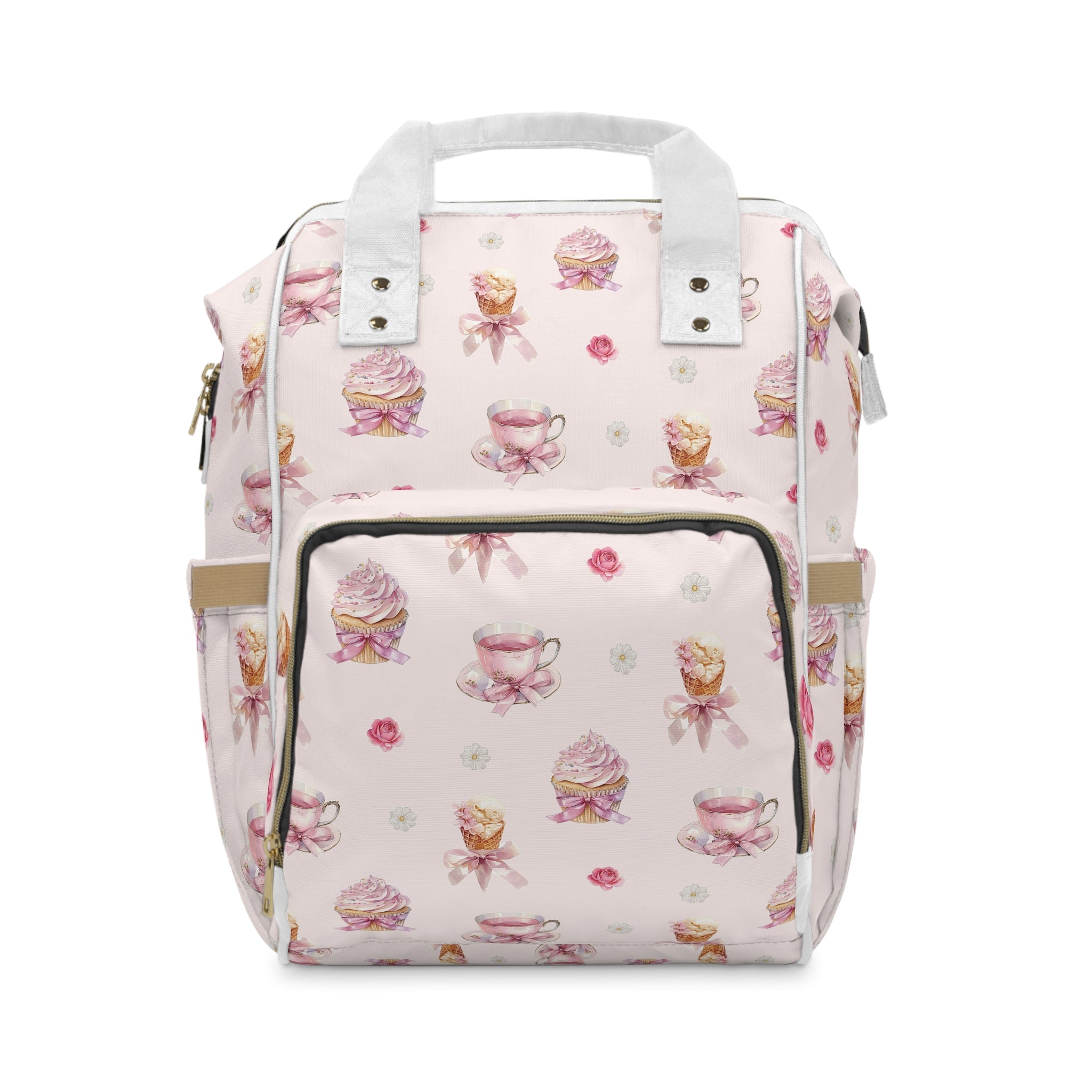 Pink Tea Cup & Cupcake Pattern Diaper Backpack | Floral Baby Shower