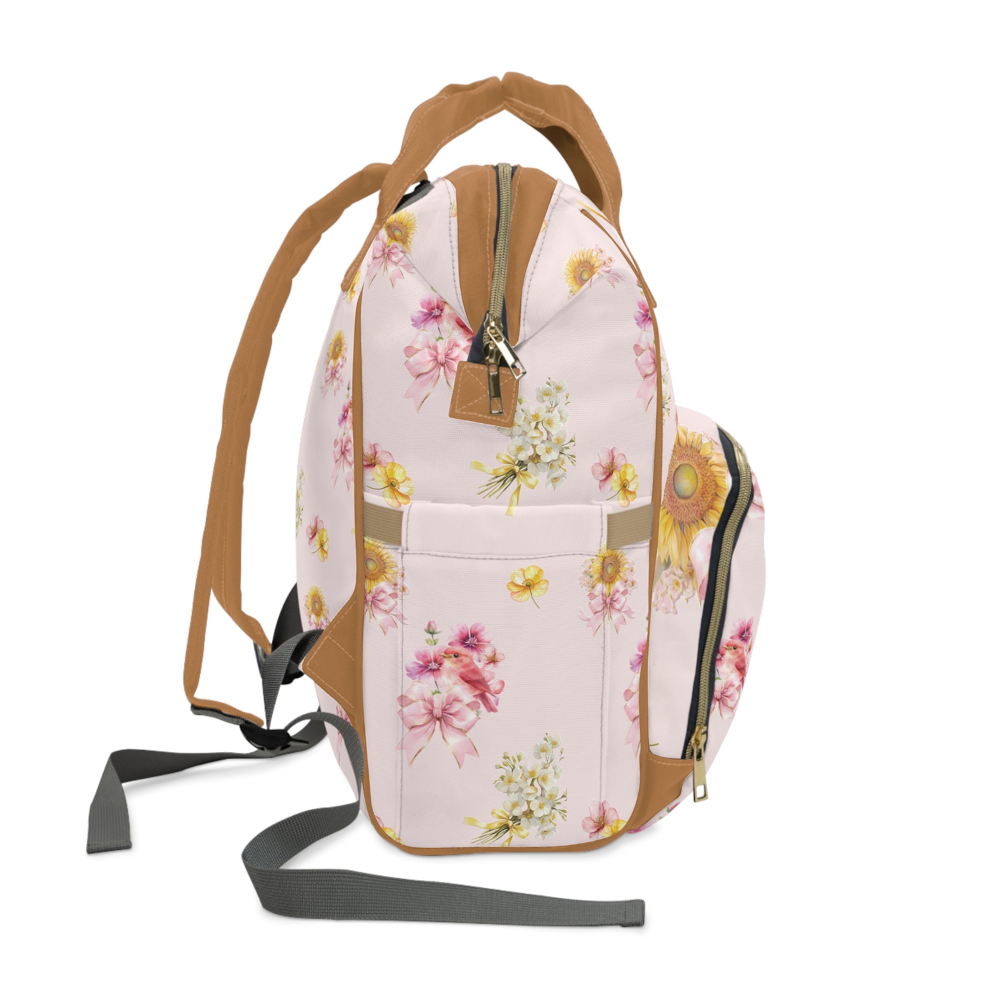 Pink Bird & Yellow Floral Baby Diaper Backpack — Multifunctional Baby Bag