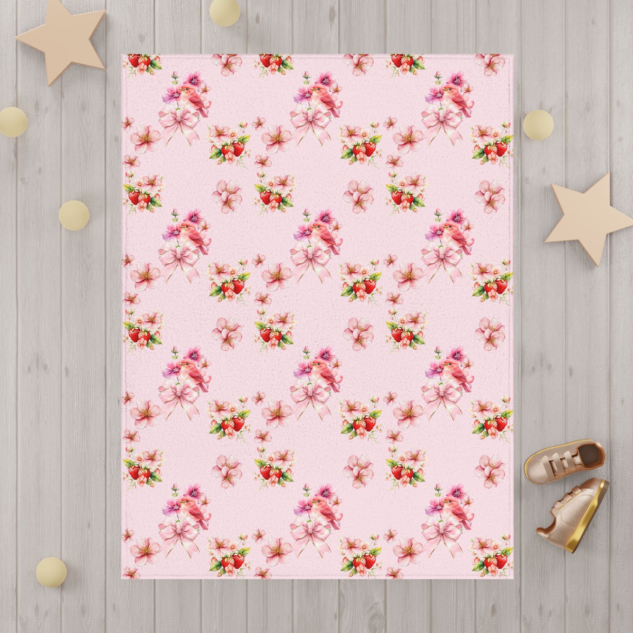 Pink Floral Bird Pattern Toddler Blanket | Cherry Blossom Rose Print
